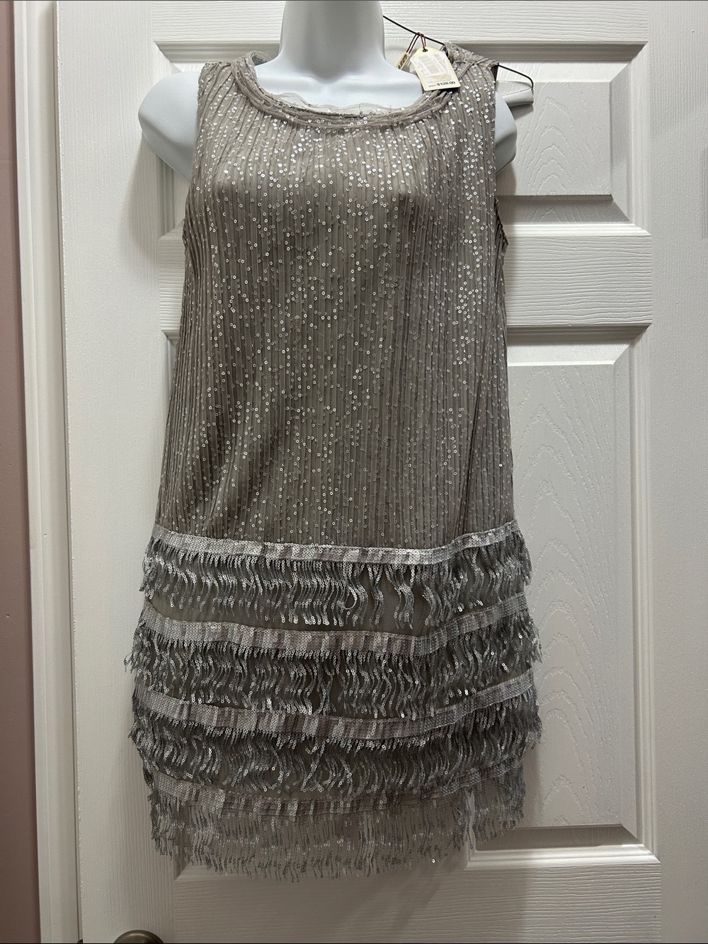Max Studio Silver Sequin Ruffle Hem Mini Dress